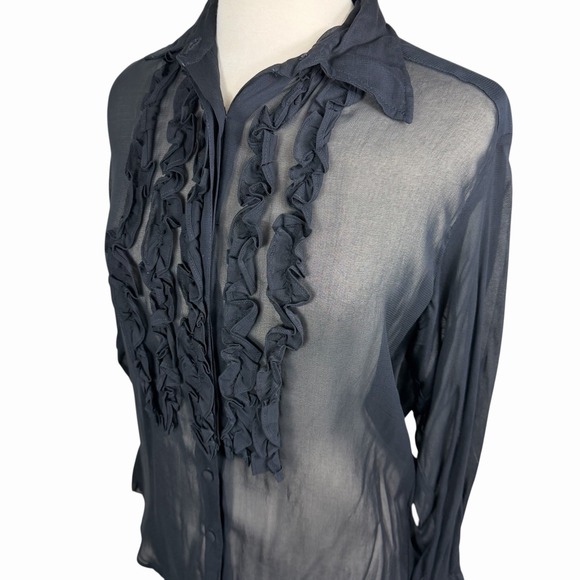 Vintage Betsey Johnson 90s Black Sheer Lace Ruffle Dress Shirt Blouse Top Sz M/L